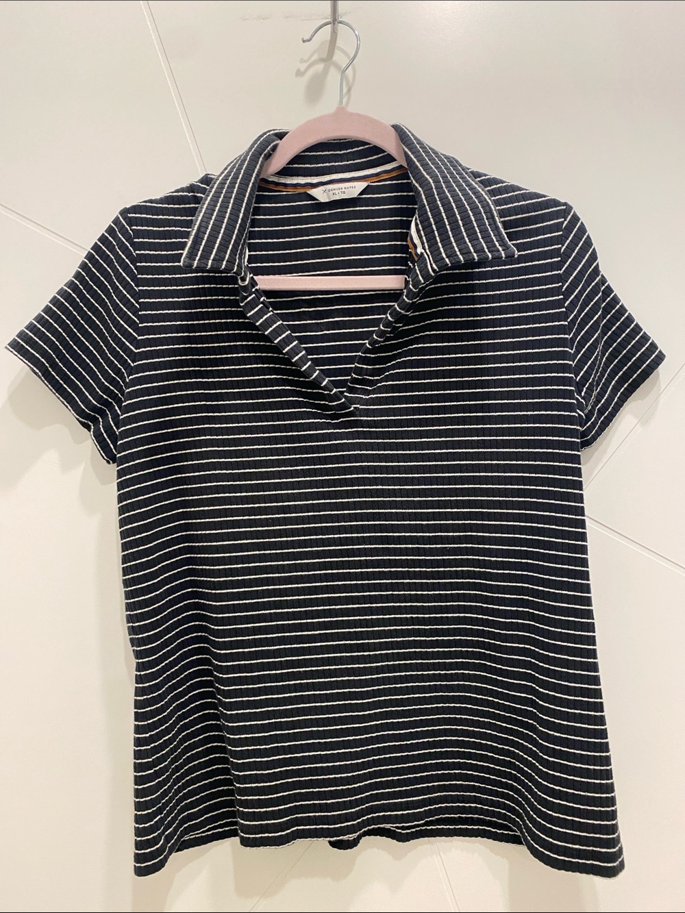 Denver Hayes Cotton Stretch Black White Striped Polo Women’s XL Preppy Academia